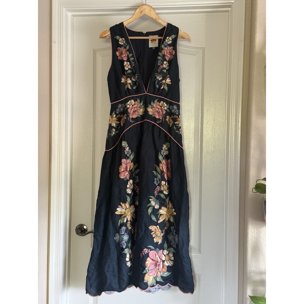 FARM RIO Maira Floral Linen Plunge Maxi Dress Women's Size M Navy Blue - Picture 8 of 16